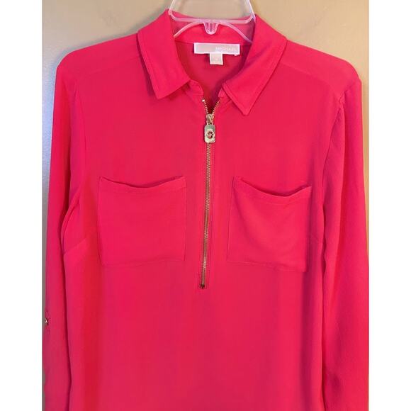 Michael Kors Coral Roll Tab Long Sleeve 1/2 Zip Blouse Size Medium - Picture 2 of 7